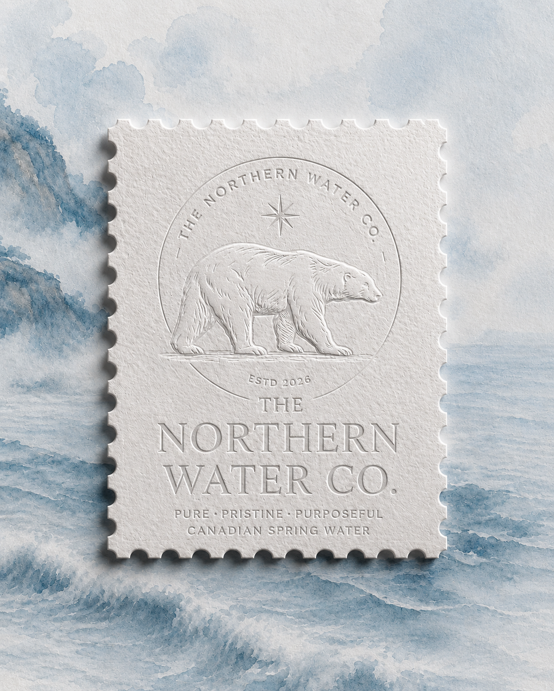 Northern Water Co. embossed stamp card against painted waves