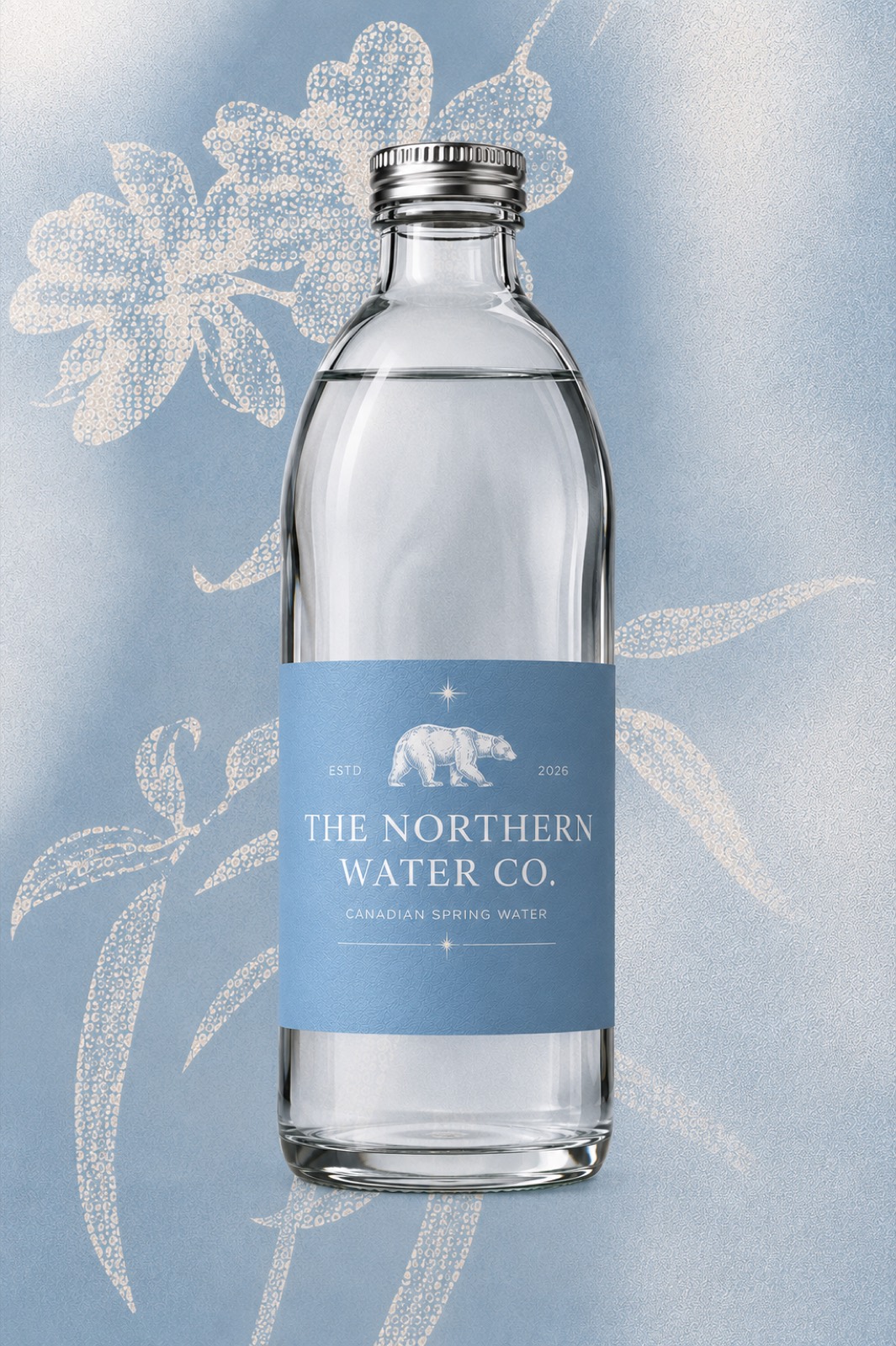 Northern Water Co. bottle against blue botanical wallpaper