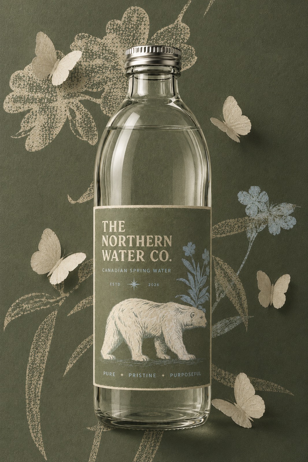 Northern Water Co. bottle against sage botanical wallpaper