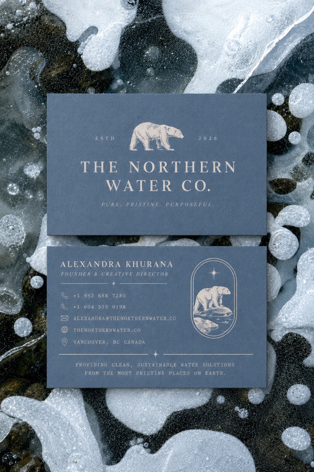 Northern Water Co. business cards on textured paper