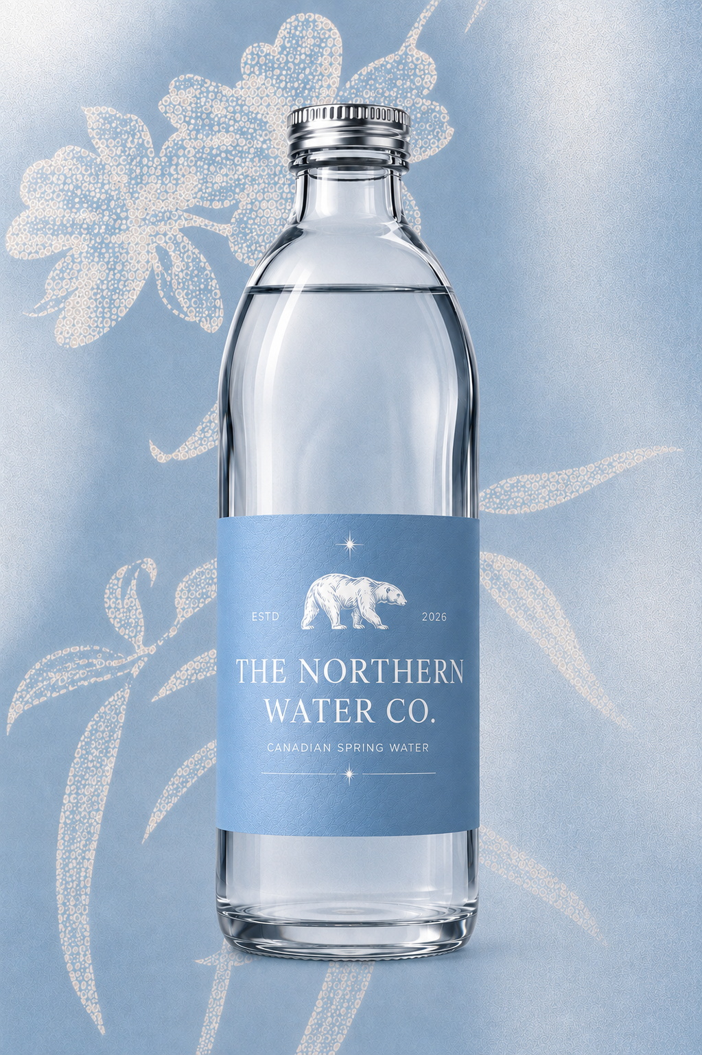 Northern Water Co. spring-water bottle against blue botanical artwork