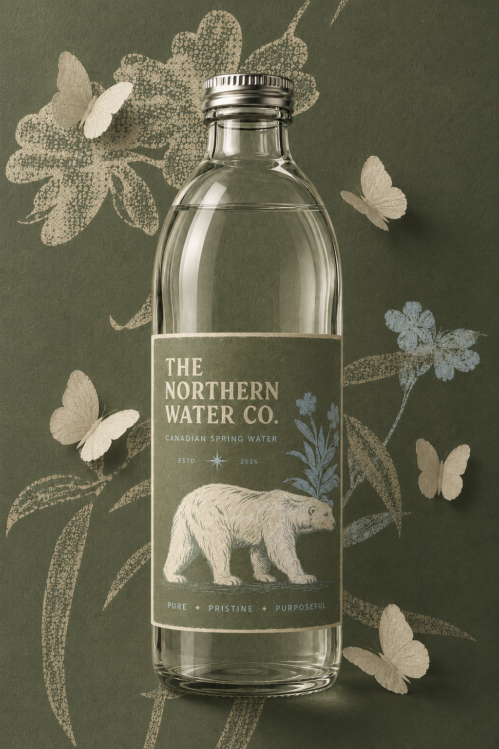 Special-edition Northern Water Co. bottle with sage label and botanical artwork